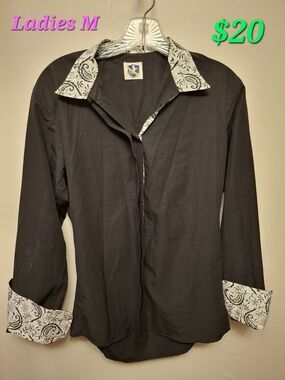 Black Button-Up Shirt with Printed Trim